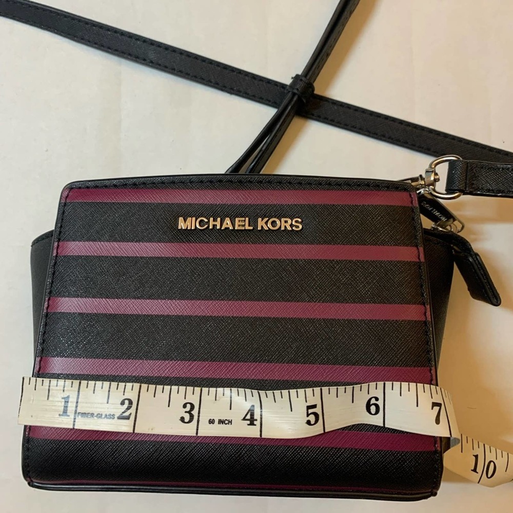 Michael Kors Mini Bag Striped Crossbody Black Violet Messenger Selma - Picture 11 of 14